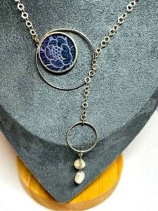Jewelry - Sterling Silver necklace w Blue silk fabric Pendant  white pearlsHandmade